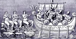 Ulysses on board a boat passes the sirens and their seductive song. Based on Homer 's ancient Greek myth.